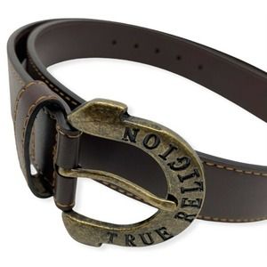 True Religion Men's Horseshoe Buckle Faux Leather Belt in Brown (Size 42)